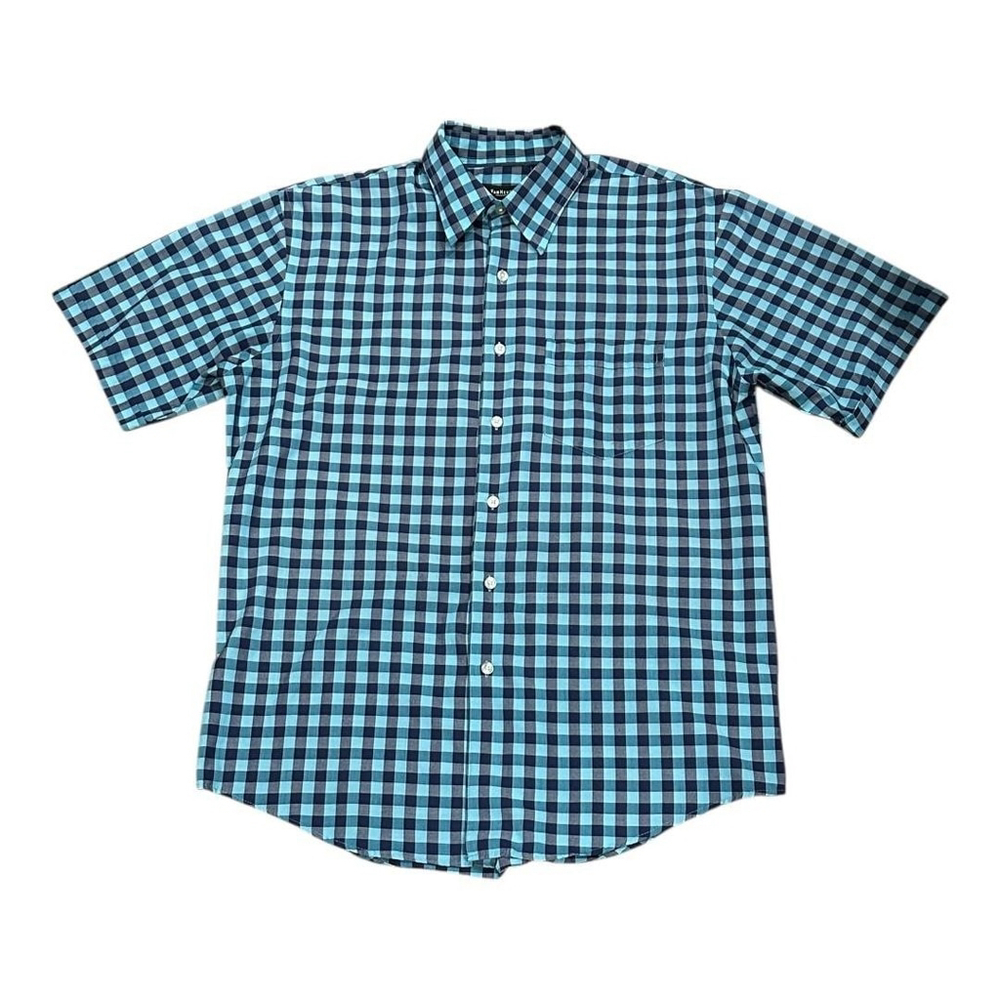 Van Heusen Shirt Mens Medium Blue Check Short Sleeve Button Front Casual Plaid